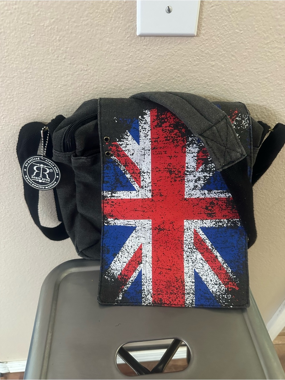 Robin Ruth Black Laptop Crossbody with Distressed Union Jack Panel